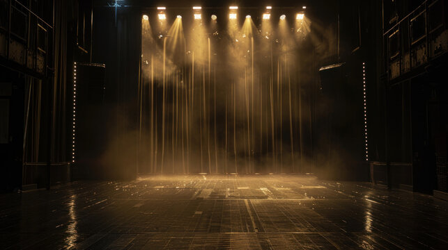 A darkened theater stage with a heavy curtain drawn across, illuminated by dramatic stage lighting.