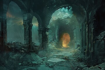 Fototapeta premium Ancient temple ruins with glowing portal in dark fantasy setting
