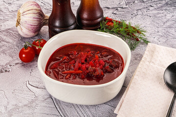 Homemade red soup Borsch with cabbage