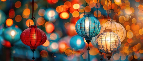 Obraz premium Beautiful colorful lanterns in vibrant bokeh light background, perfect for celebrating festive occasions with warmth and joy.