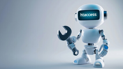 Robot with htaccess sign holding a wrench on white background with copy space. Concept of web development, server configuration, and Technical SEO optimization