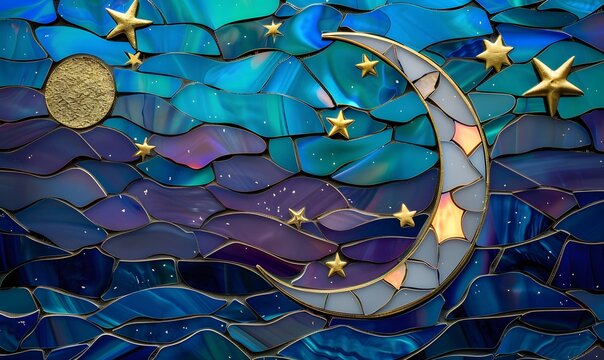 Sparkling stained glass themed on a night sky with moon and stars, Generative AI