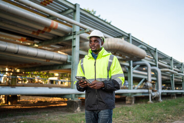 Young mechanical engineer working and holding tablet to checking and inspection gas pipeline system new construction project of industrial.