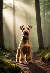 Lakeland Terrier standing alert in a dense foggy forest with towering trees shrouded in mist mysterious shadows and rays of sunlight breaking through