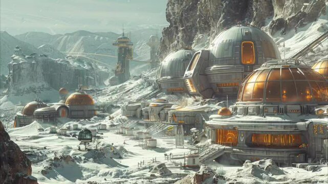 Futuristic winter colony with domes and structures in snowy mountains. Cold environment concept