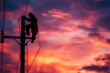 A professional electrician working at height against the backdrop of a sunset.