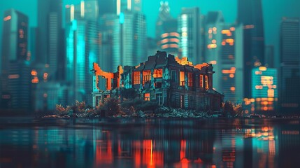 Fototapeta premium A crumbling old building surrounded by new skyscrapers, representing stability and change, urban decay, contrast