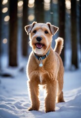Lakeland Terrier exploring a tranquil snow-covered forest at twilight with sparkling icicles soft powdery snow and a breathtaking display of northern lights dancing in the sky