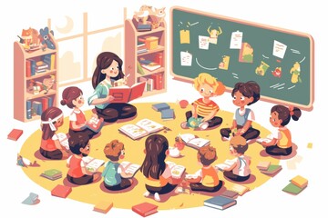 A teacher reading a story to a group of preschool children sitting cross-legged on a colorful classroom rug, books and toys scattered around them