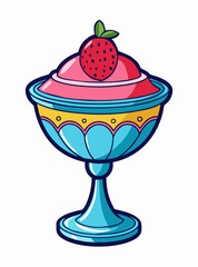 Strawberry ice cream in a plate. Sweet sundae. Fast food restaurant frozen dessert. Cartoon vector illustration.