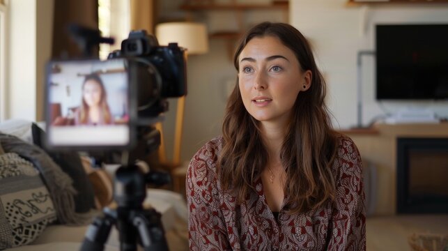 Young woman giving a video testimonial with camera in home setting