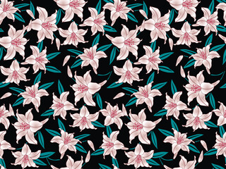 Obraz premium Japanese Lily Flower Leaf Vector Seamless Pattern