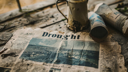 Drought Crisis Detailed in Newspaper on a Weathered Table