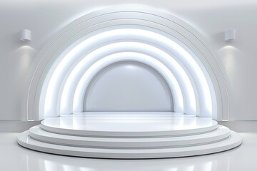 Obraz premium Futuristic white podium with neon lights sleek and modern digital illustration