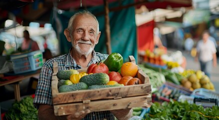 Obraz premium Elderly man holding a wooden box of fresh organic vegetables at an outdoor market