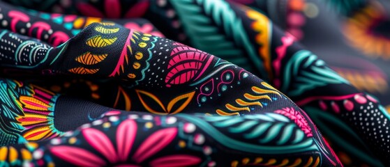 A colorful floral print fabric with a black background