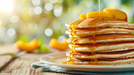 Delicious pancakes with honey and peaches for a tasty breakfast
