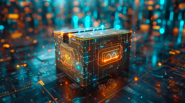 The cardboard box combines modern technologies. A digital technology box in the form of a digital screen with icons next to it. Innovation and technology concept.