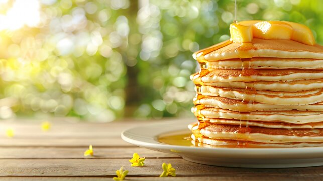 Delicious pancakes with maple syrup and peach slices drizzled on top