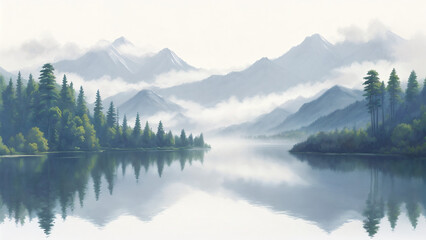 a painting of a lake with trees and mountains