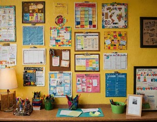 A wall of colorful notes and calendars
