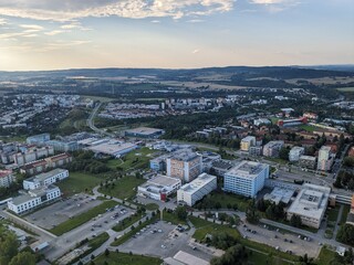 Aerial panorama view of Jihlava town and local Jihlava hospital with traumacenter,Vysocina region,Bohemia,Czech republic-Nemocnice Jihlava