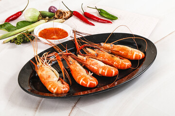 Boiled tiger prawn with sauce