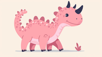 Obraz premium Adorable pink dinosaur with three horns on its head for kids. Flat cartoon drawing for children's books and posters.