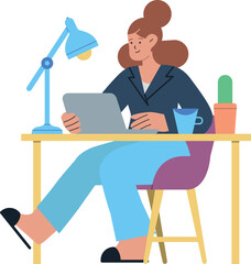 Fototapeta premium Ilustración de una joven profesional trabajando en su escritorio desde casa, usando una computadora portátil. La escena incluye elementos como una taza de café y documentos, representando el teletraba