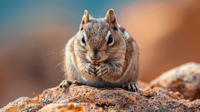 Barbary ground squirrel holding food on rock looking at camera on Fuerteventura island