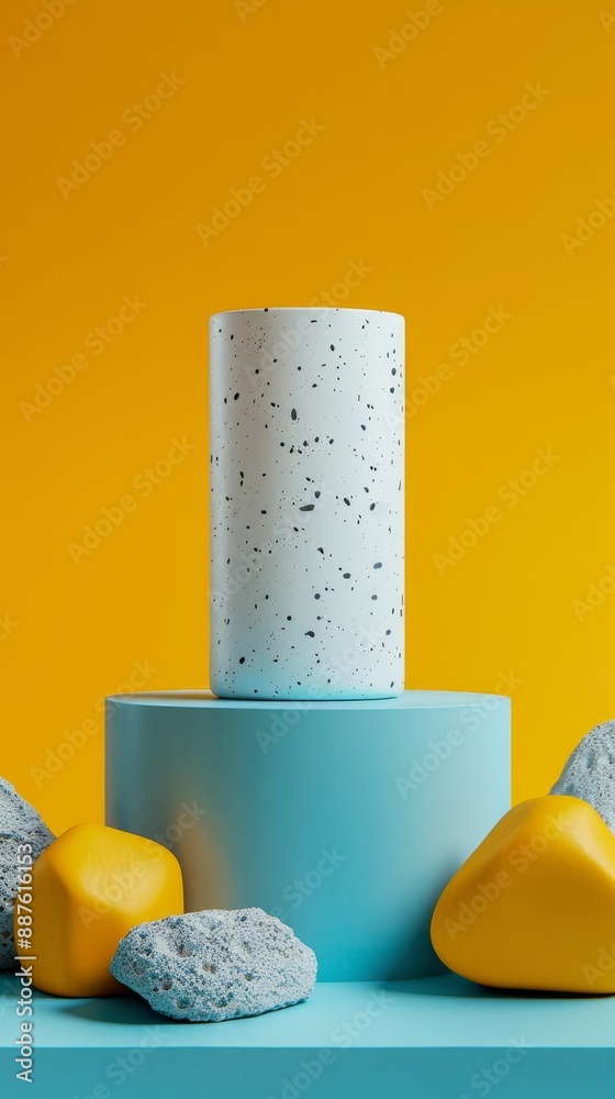 Sticker A white vase with black spots sits on a blue pedestal