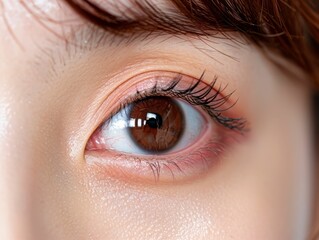 Close-up of a woman's brown eye with natural makeup.