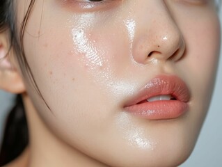 Close-up of a woman's face with a glowing, dewy complexion.  The skin is smooth and hydrated, with a subtle sheen.  Perfect for beauty and skincare advertising.