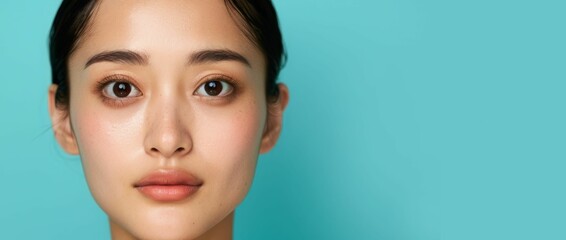 Woman with dark hair and neutral expression against a blue background.