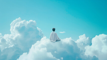 Woman in White Dress Emerging from Cloud in Surreal Sky