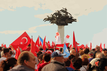 October 29 Republic Day.  People celebrating in Gundogdu Square. Turkish flag. Ataturk. Izmir Türkiye.  April 23, May 19, August 30, September 9.