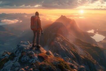 Fototapeta premium Hiker standing on a mountain peak, basking in a stunning sunrise view, surrounded by dramatic landscapes and cloudy skies.