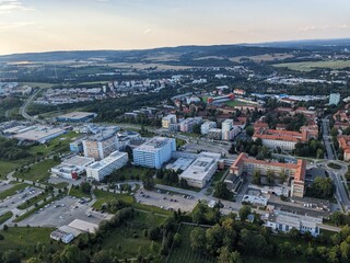 Aerial panorama view of Jihlava town and local Jihlava hospital with traumacenter,Vysocina region,Bohemia,Czech republic-Nemocnice Jihlava