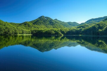 Serene mountain lake with lush green forests, clear blue sky, and mirror-like water reflection, perfect for nature and landscape backgrounds.