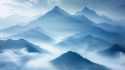 Fototapeta premium Serene mountain landscape shrouded in mist and fog with a tranquil blue hue, showcasing the beauty of nature at dawn or dusk.