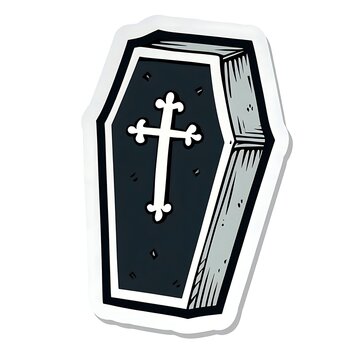 recommend clip art: Coffin with cross. Halloween sticker isolated on white background. Horror and monster stickers concept