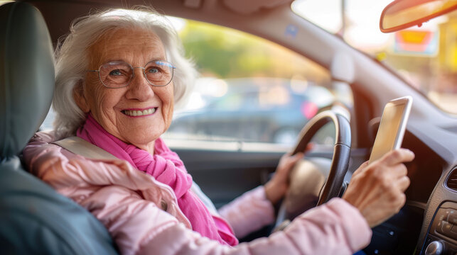  Senior woman driving car alone, holding smartphone and scrolling. Safe driving for elderly adults concept