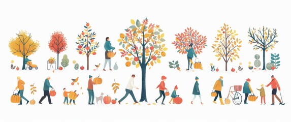 Fototapeta premium Flat illustrations of people enjoying autumn activities in the park