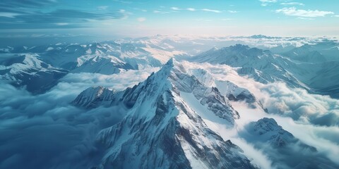 Fototapeta premium Breathtaking aerial view of snow-covered mountain peaks surrounded by clouds under a clear blue sky, showcasing nature's raw beauty.
