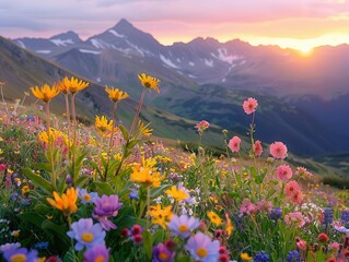 Beautiful mountain landscape with vibrant wildflowers at sunset, creating a serene and picturesque scene.