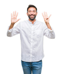 Adult hispanic man over isolated background showing and pointing up with fingers number nine while smiling confident and happy.