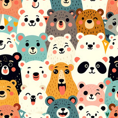 Bear Doodle Art Cartoon. Various bears with expressive faces in a crowded pattern