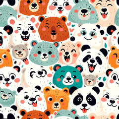 Obraz premium Bear Doodle Art Cartoon. Various bears with expressive faces in a crowded pattern