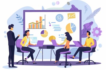 Fototapeta premium A startup founder confidently presents a compelling business plan to a group of investors, delivering a persuasive business pitch that embodies entrepreneurship and seeks investment.