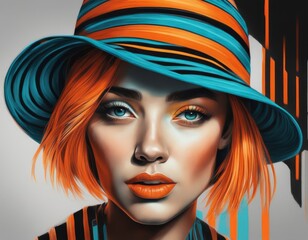 Fototapeta premium Illustrative portrait of a woman with an orange-red haircut wearing a striped cyan-orange hat